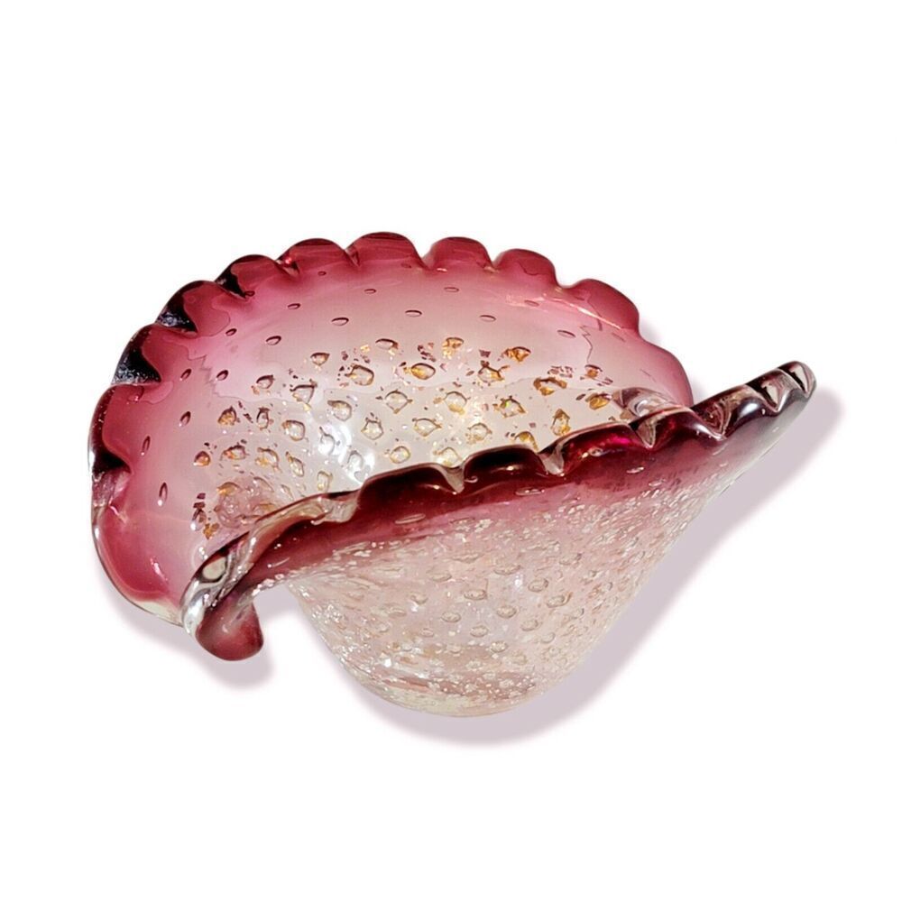 Vtg Murano Cranberry Red Cases Art Glass Bullicante Gold Fleck Bowl Dish Ashtray